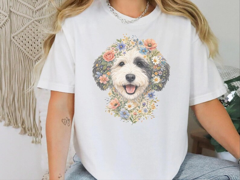 Comfort Colors Sheepadoodle T-shirt, Doodle Pet Art, Botanical Pet Lover Gift, Sheepadoodle Floral Face Spring Tee, Funny Pet Mom Shirt, Tee image 3