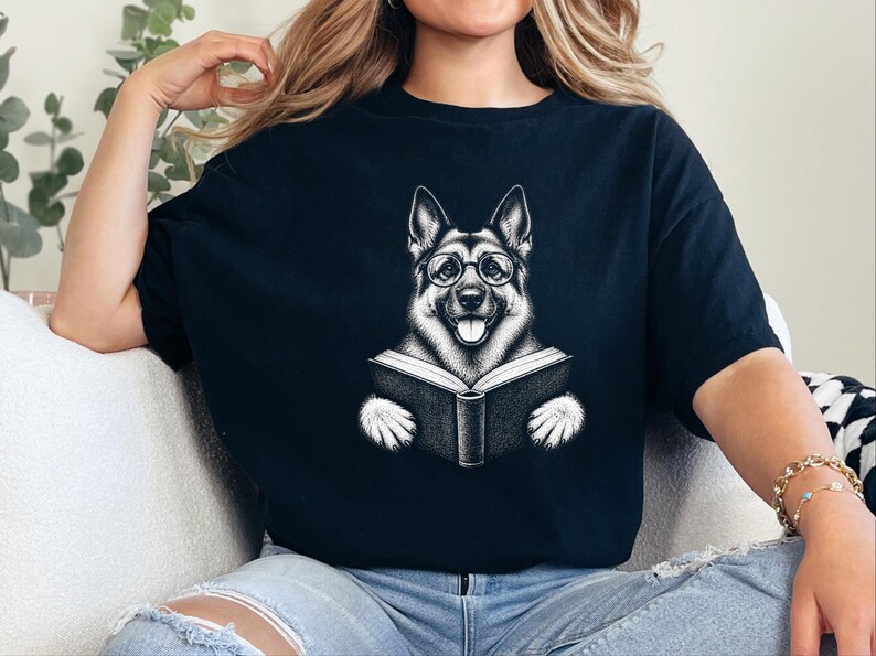 Bookish Dog Tee, German Shepherd Mom Gift, Dog Lover Book Tee, Library Shirt, German Shepherd Dad Gift, Reading Teacher Shirt image 10