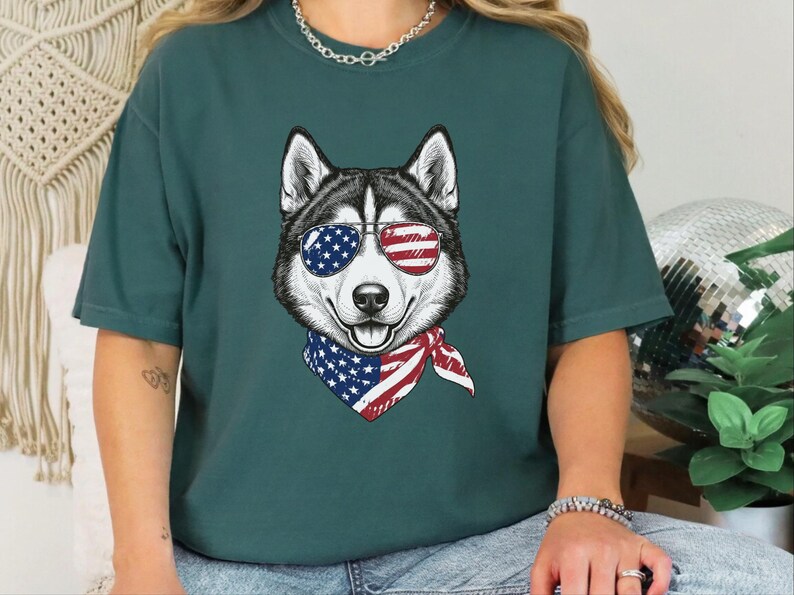 Comfort Colors Patriotic Husky Dog Shirt, Funny 4th of July Siberian Husky Tee, American Flag USA Dog Mom Shirt, Independence Day Siberian image 2