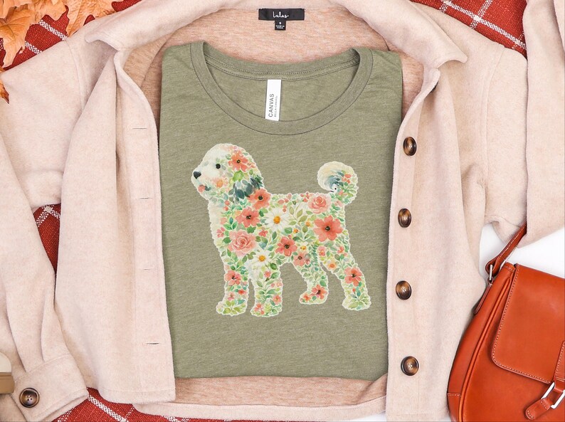 Sheepadoodle T-Shirt, Floral Sheepadoodle Silhouette Art Print, Boho Pet Lover Gift, Whimsical Doodle Art, Dog Mom Present image 5