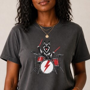 German Shepherd Rock Drummer Shirt, Heavy Metal Dog Lover Gift, Rock Music Fan Tee, Drum Kit Player Present, Band Member Shirt image 3