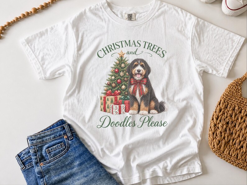 Bernedoodle Christmas Shirt, Christmas Trees And Doodles Please, Bernedoodle Mom Gift, Holiday Dog Lover Tee, Dog Owner Present image 7