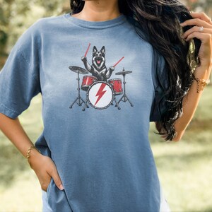 German Shepherd Rock Drummer Shirt, Heavy Metal Dog Lover Gift, Rock Music Fan Tee, Drum Kit Player Present, Band Member Shirt image 9