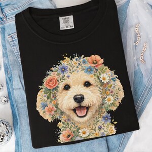 Comfort Colors Golden Labradoodle Shirt, Labradoodle Floral Face Design, Goldendoodle Mom Watercolor Pet Art, Cottagecore Print image 2