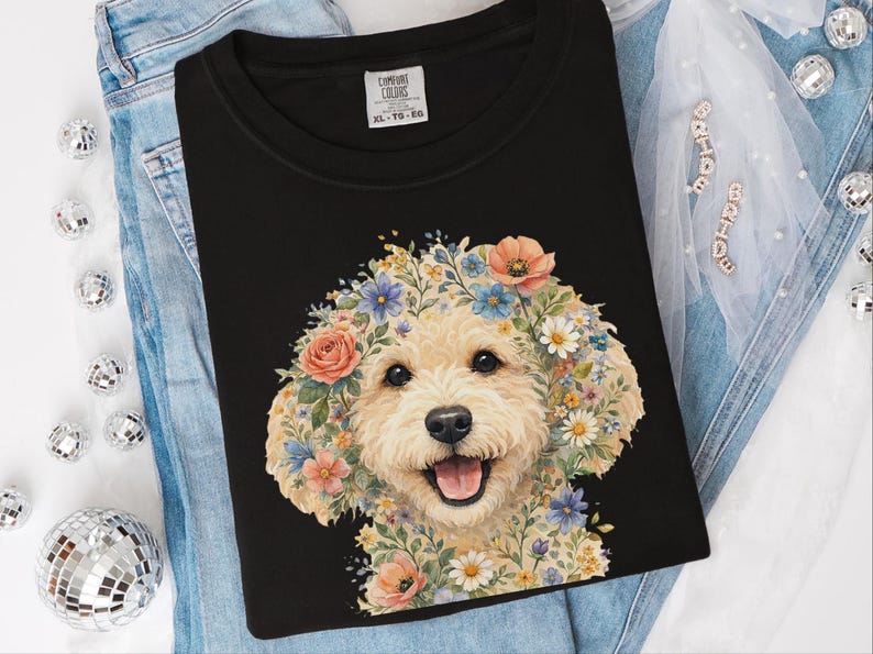 Comfort Colors Golden Labradoodle Shirt, Labradoodle Floral Face Design, Goldendoodle Mom Watercolor Pet Art, Cottagecore Print image 2