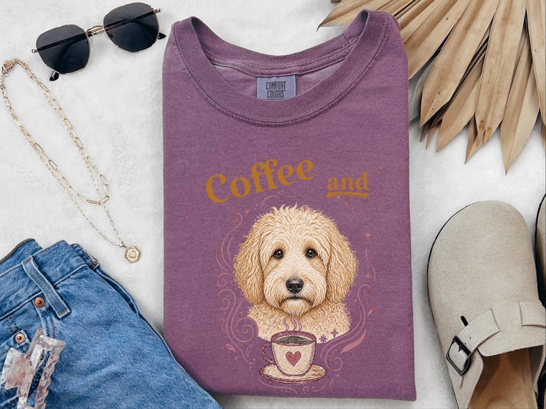 Comfort Colors Coffee Dog Shirt, Goldendoodle Art Tee, Coffee And Goldendoodles Print, Dog Mama Coffee Lover, Whimsical Pet Graphic Tee image 10