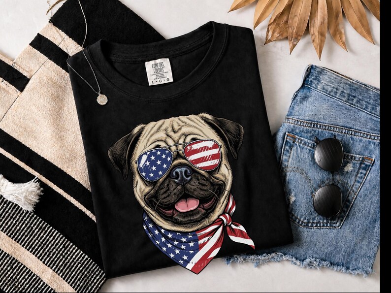 Comfort Colors Patriotisch Hondenshirt, Grappige Mopshond Sweatshirt, Patriotisch T-shirt met Amerikaanse Vlag en Mopshond, Shirt voor de Amerikaanse Onafhankelijkheidsdag (4 juli) afbeelding 10