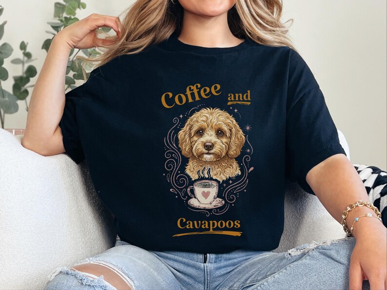 Comfort Colors Cavapoo Mom Shirt, Coffee And Cavapoos Tee, Dog Owner Gift, Pet Parent Present, Block Print Style Apparel, Cavapoo Owner Gift image 8
