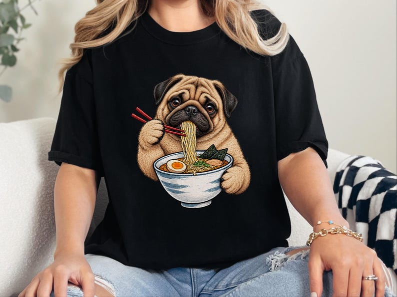 Pug Lover Shirt, Ramen Tee, Noodle Lover Gift, Pug Dad Shirt, Pug Mom Gift, Funny Dog Shirt, Japanese Food Tee, Anime Fan Shirt, Kawaii Food image 3