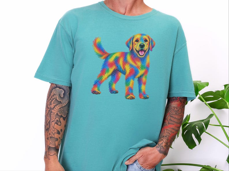 Colorful Dog Shirt, Dog Lover Gift, Golden Retriever Tee, Rainbow Pet Owner Present, Doodle Art Shirt image 6