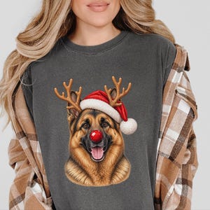 German Shepherd Christmas Sweatshirt, Holiday Dog Lover Gift, Rudolph Santa Hat Tee, German Shepherd Mom Shirt image 7