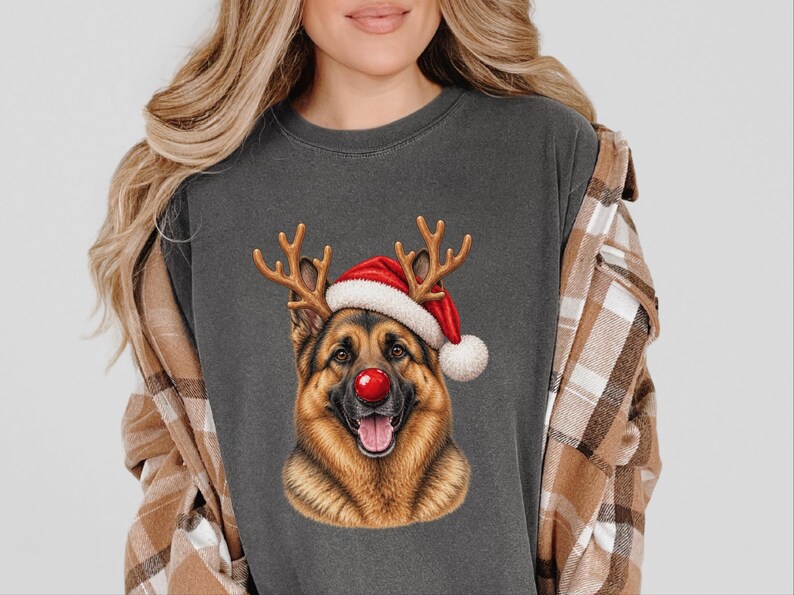 German Shepherd Christmas Sweatshirt, Holiday Dog Lover Gift, Rudolph Santa Hat Tee, German Shepherd Mom Shirt image 7