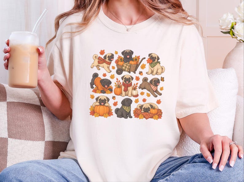 Camiseta de perro pug, regalo para mamá de pug, sudadera de otoño para perros, camiseta para amantes de los pugs, camiseta de calabaza de otoño imagen 8