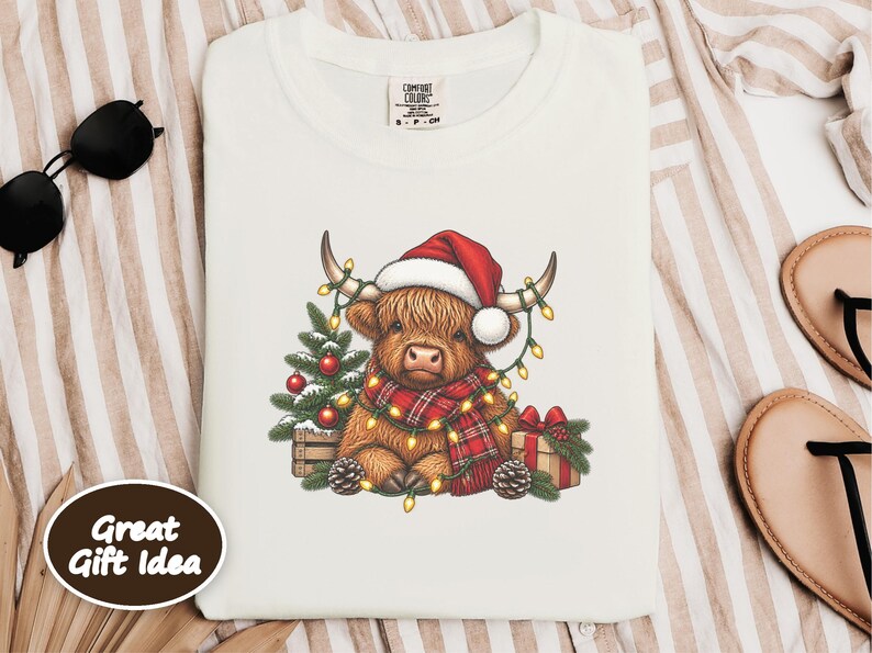 Highland Cow Christmas Shirt, Festive Highland Cow Gift, Christmas Lights Crewneck, Holiday Animal Sweater image 6