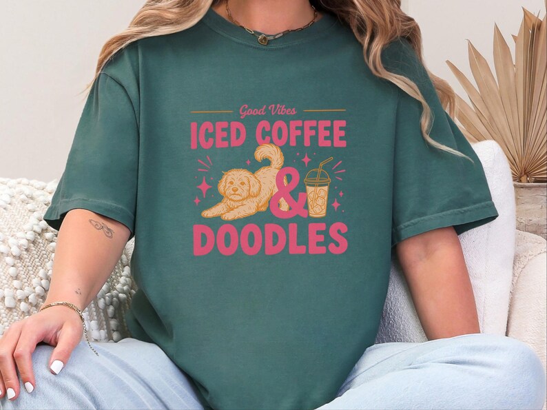 Comfort Colors Dog Coffee Tee, Goldendoodle Labradoodle Mom Iced Coffee Crewneck, Iced Coffee, Doodles and Good Vibes Sweatshirt image 5