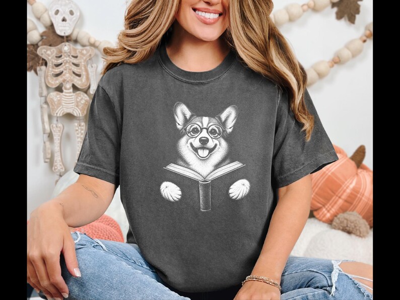 Corgi Reader Shirt, Corgi Mom Gift, Bookish Dog Tee, Librarian Present, Book Lover Shirt, Dog Dad Gift image 4