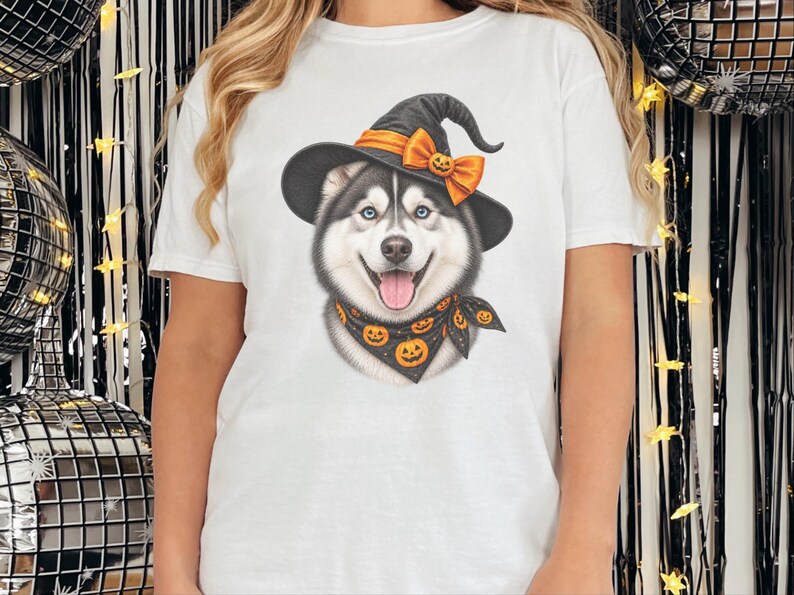 Halloween Husky Shirt, Husky Dog Mom Gift, Spooky Witch Dog Tee, Pet Lover Halloween Shirt image 7
