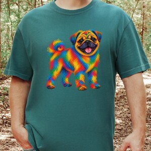 T-shirt pour amoureux des carlins, cadeau avec illustration colorée de chien, t-shirt chiot arc-en-ciel, cadeau pour propriétaire de carlin, t-shirt chien mignon, illustration vibrante d'animaux de compagnie image 1