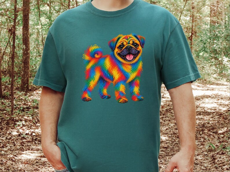 T-shirt pour amoureux des carlins, cadeau avec illustration colorée de chien, t-shirt chiot arc-en-ciel, cadeau pour propriétaire de carlin, t-shirt chien mignon, illustration vibrante d'animaux de compagnie image 1