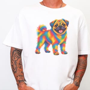 T-shirt pour amoureux des carlins, cadeau avec illustration colorée de chien, t-shirt chiot arc-en-ciel, cadeau pour propriétaire de carlin, t-shirt chien mignon, illustration vibrante d'animaux de compagnie image 8