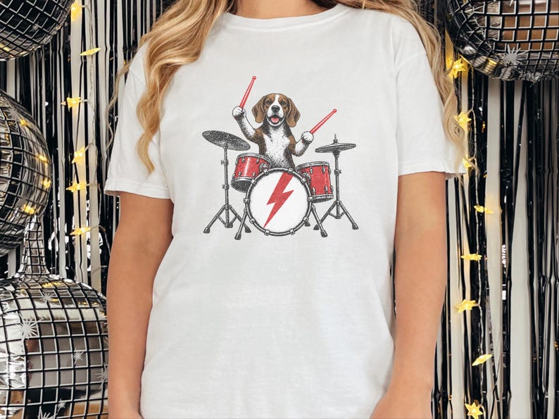 Beagle Shirt, Beagle Drummer Gift, Rock Dog Music Lover Tee, Drummer Dad Shirt, Funny Beagle Lover Gift, Retro Rock Band Shirt image 6