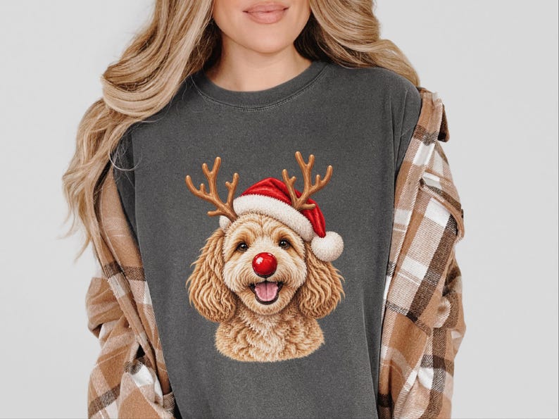 Camiseta de Natal com Maltipoo, Presente para Cachorro com Gorro de Papai Noel, Moletom de Natal para Pet, Camiseta com Filhote de Rena, Roupa de Natal para Amantes de Cães imagem 8