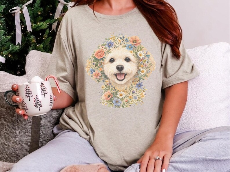 Maltipoo Print Shirt, Maltipoo Floral Face Tee, Spring Animal Art, Maltese Poodle Gifts, Dog Lover Tee, Maltese Poodle Fan, Mama Dog Owner image 3