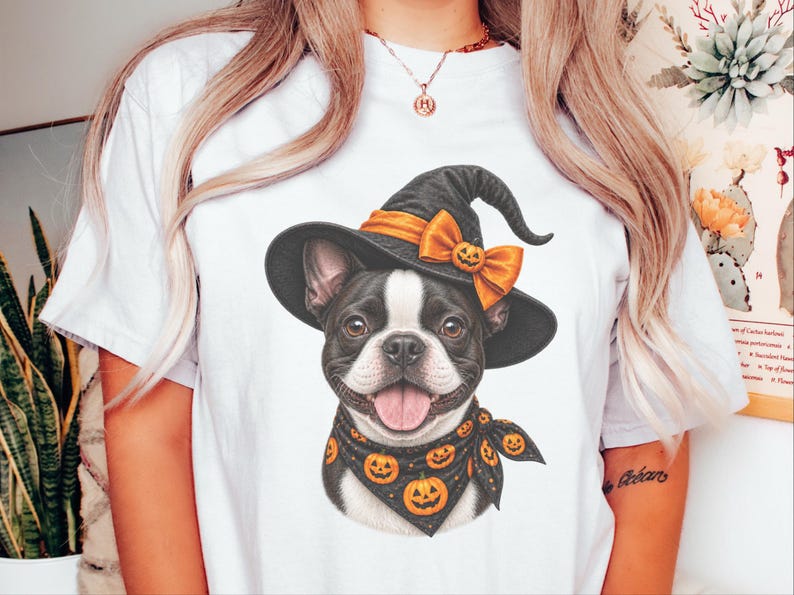 Camiseta de Halloween com Boston Terrier, Presente Assustador para Mãe de Cachorro, Camiseta para Dono de Cachorro Bruxo imagem 6