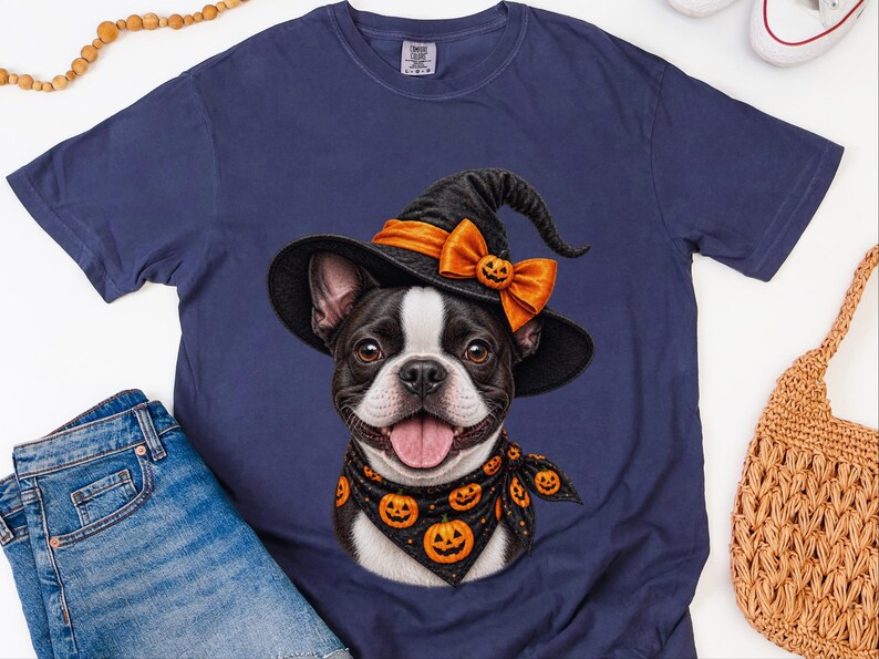 Camiseta de Halloween com Boston Terrier, Presente Assustador para Mãe de Cachorro, Camiseta para Dono de Cachorro Bruxo imagem 2