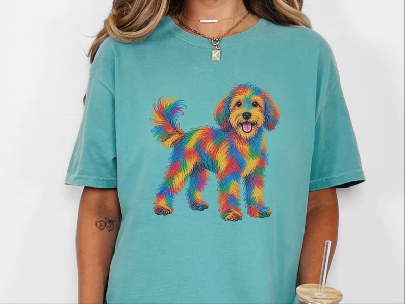 Aussiedoodle Shirt, Colorful Dog Art, Doodle Dog Gift, Aussiedoodle Mom Shirt, Rainbow Dog Lover Tee image 1