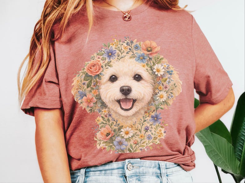 Maltipoo Print Shirt, Maltipoo Floral Face Tee, Spring Animal Art, Maltese Poodle Gifts, Dog Lover Tee, Maltese Poodle Fan, Mama Dog Owner image 2
