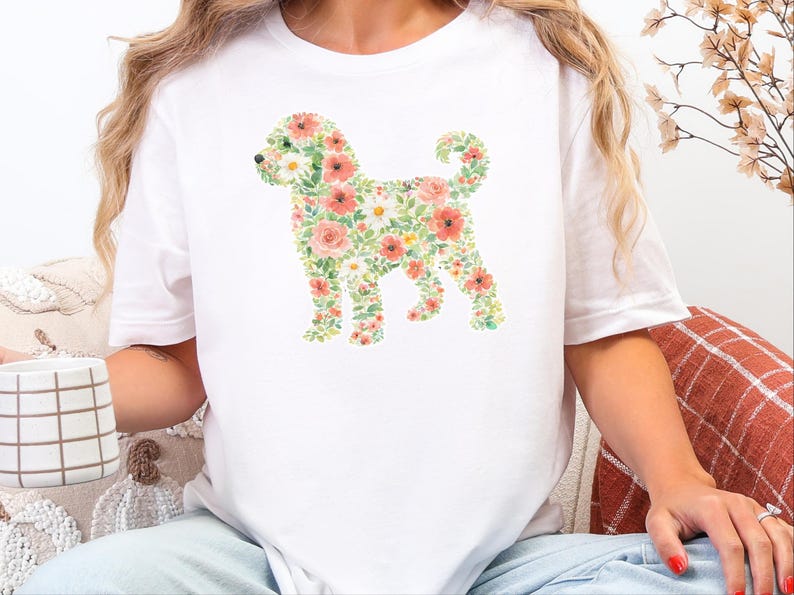 T-Shirt für Schnoodle-Fans, Schnoodle-Blumenmotiv, Boho-Frühlings-Blumen-T-Shirt, Doodle-Hundebesitzer-Shirt, Haustier-Silhouette-Shirt Bild 1