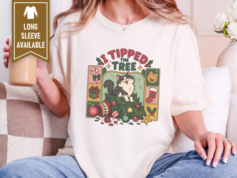 Christmas Cat Shirt, Tuxedo Cat Christmas Gift, Funny Cat Christmas Tree Tee, I Tipped The Tree Holiday Shirt, Cat Mom Shirt Gift image 5