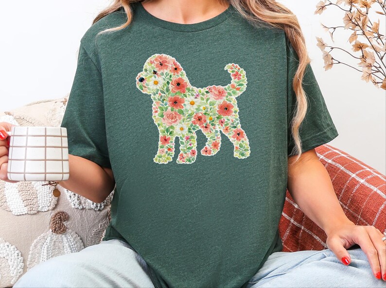 Cockapoo Silhouette Sweatshirt, Floral Dog Print Tee, Botanical Puppy Nursery Art, Cockapoo Floral Silhouette image 2