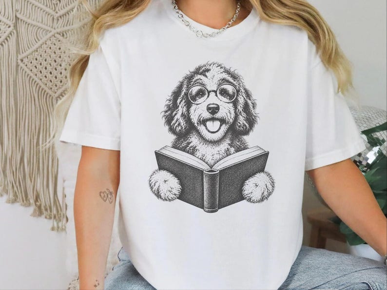 Maglietta per cani amanti dei libri, maglietta per amanti dei cani e dei libri, regalo per la mamma di un Aussiedoodle, maglietta per Aussiedoodle che legge, regalo per topi di biblioteca immagine 8