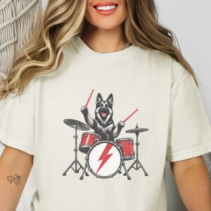 German Shepherd Rock Drummer Shirt, Heavy Metal Dog Lover Gift, Rock Music Fan Tee, Drum Kit Player Present, Band Member Shirt image 5