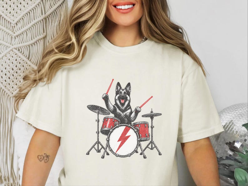 German Shepherd Rock Drummer Shirt, Heavy Metal Dog Lover Gift, Rock Music Fan Tee, Drum Kit Player Present, Band Member Shirt image 5