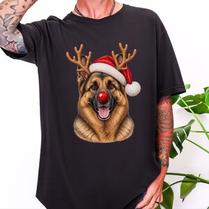 German Shepherd Christmas Sweatshirt, Holiday Dog Lover Gift, Rudolph Santa Hat Tee, German Shepherd Mom Shirt image 5