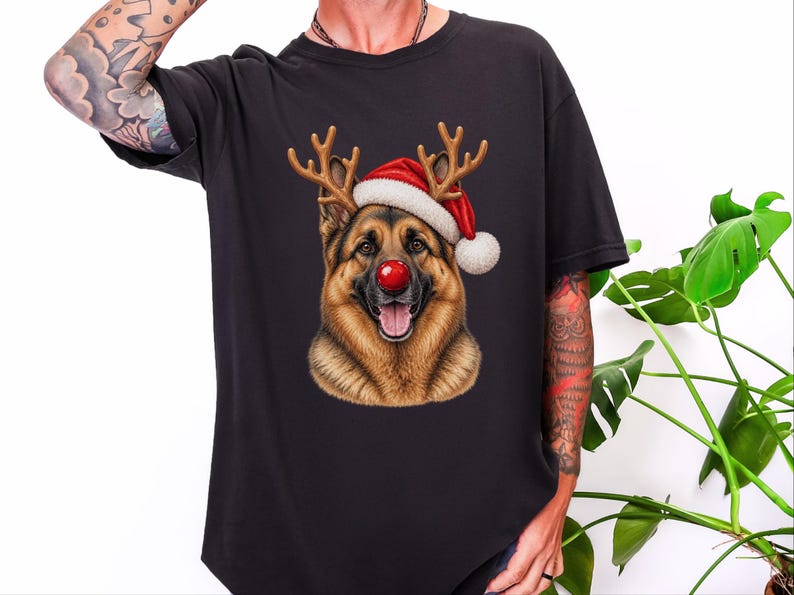 German Shepherd Christmas Sweatshirt, Holiday Dog Lover Gift, Rudolph Santa Hat Tee, German Shepherd Mom Shirt image 5