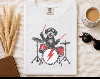 Schnoodle Playing Drums Shirt, Drummer Gift, Music Lover Tee, Rock Dog Shirt, Dog Owner Gift, Percussion Player Tee