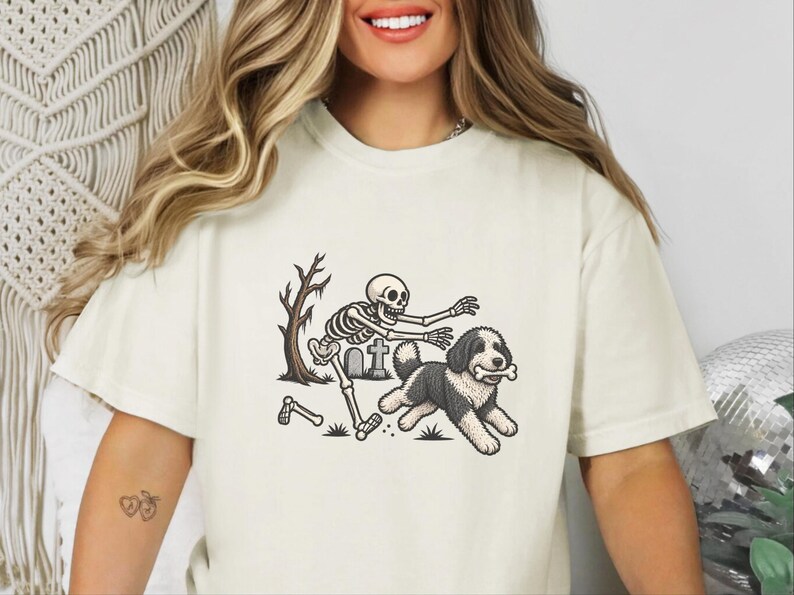 Sheepadoodle Skeleton Shirt, Spooky Dog Gift, Skeleton Dog Tee, Sheepadoodle Halloween Shirt, Funny Skeleton Dog Scene image 10