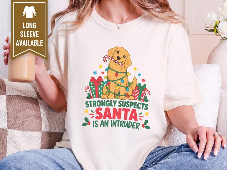 Christmas Dog Shirt, Golden Retriever Christmas Gift, Funny Christmas Dog Tee, Santa Is An Intruder Shirt, Holiday Dog Lover Gift image 4