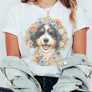 Bernedoodle Tee, Floral Crown Dog Portrait, Custom Pet Art Shirt, Doodle Mama Shirt, Whimsical Animal Print, Pastel Spring Summer Dog Lovers image 4