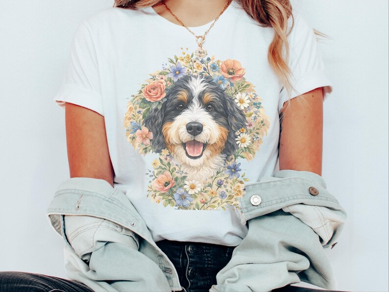 Bernedoodle Tee, Floral Crown Dog Portrait, Custom Pet Art Shirt, Doodle Mama Shirt, Whimsical Animal Print, Pastel Spring Summer Dog Lovers image 4