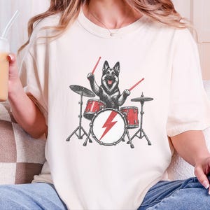 German Shepherd Rock Drummer Shirt, Heavy Metal Dog Lover Gift, Rock Music Fan Tee, Drum Kit Player Present, Band Member Shirt image 1