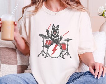 German Shepherd Rock Drummer Shirt, Heavy Metal Dog Lover Gift, Rock Music Fan Tee, Drum Kit Player Present, Band Member Shirt