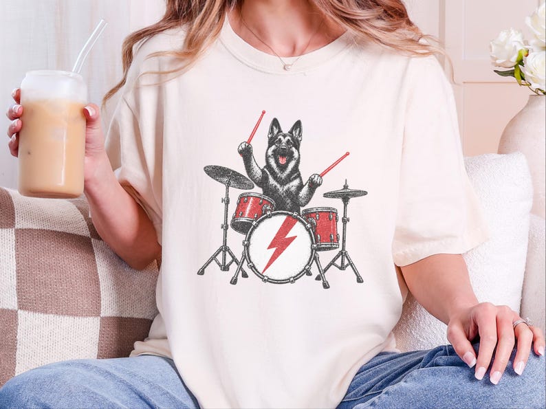 German Shepherd Rock Drummer Shirt, Heavy Metal Dog Lover Gift, Rock Music Fan Tee, Drum Kit Player Present, Band Member Shirt image 1