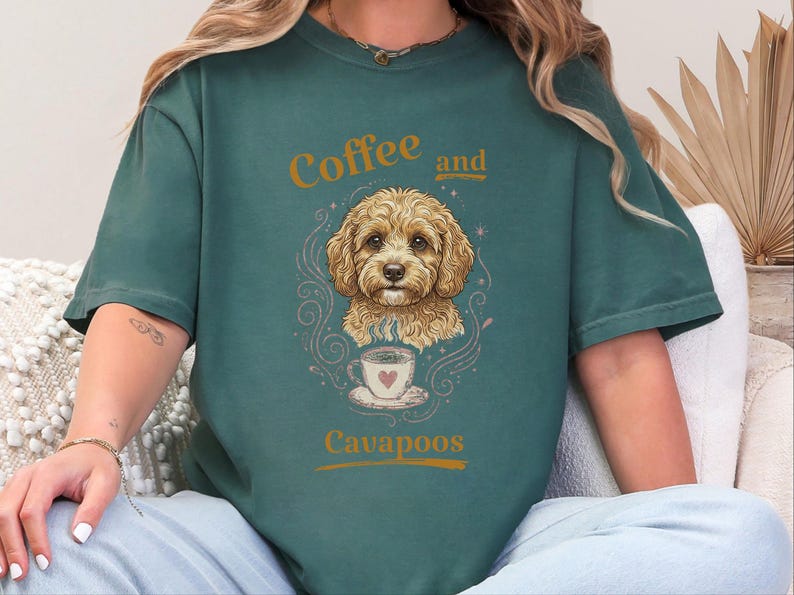 Comfort Colors Cavapoo Mom Shirt, Coffee And Cavapoos Tee, Dog Owner Gift, Pet Parent Present, Block Print Style Apparel, Cavapoo Owner Gift image 2