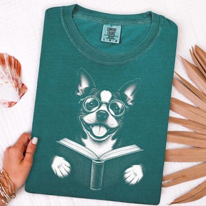Boston Terrier Reading Book Shirt, Bookish Dog Tee, Boston Terrier Gift, Dog Lover Book Tee, Library Shirt image 2