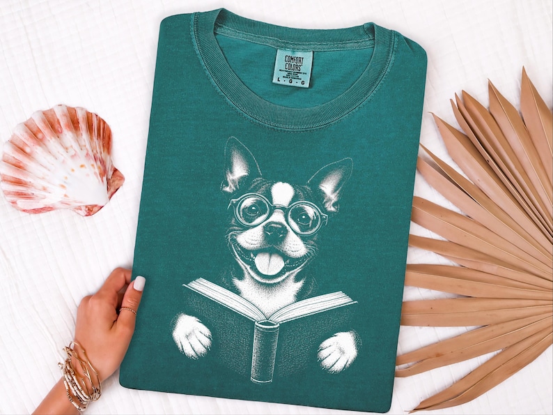 Boston Terrier Reading Book Shirt, Bookish Dog Tee, Boston Terrier Gift, Dog Lover Book Tee, Library Shirt image 2